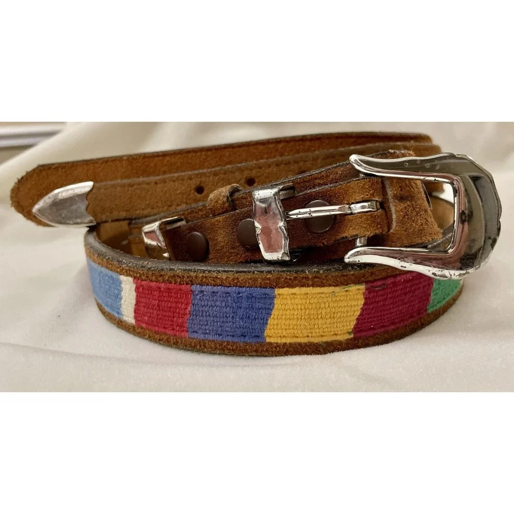 Lytone Belt Mens 32 Brown Leather Western Brass Buckle Needlepoint USA